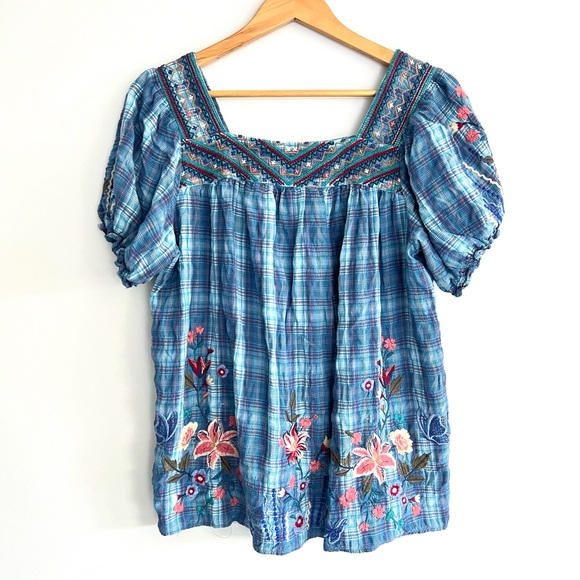 JOHNNY WAS Aimee Peasant Blue Multicolor Embroidery Puff Sleeves Top Shirt Sz M - Picture 4 of 16